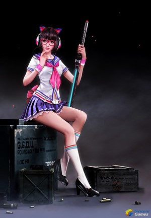 Girl with cat ears and weapon in school uniform