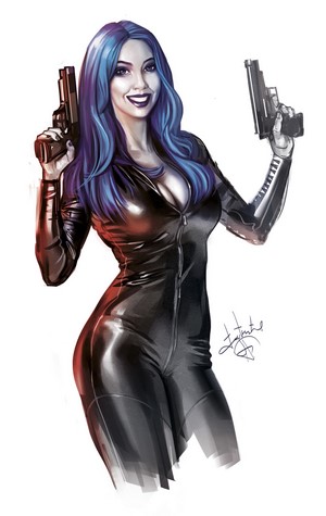Woman with blue hair holding two guns