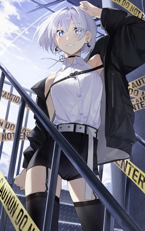 Anime girl with short silver hair and blue eyes
