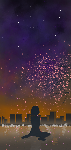 Silhouette of a person meditating under cherry blossoms at night