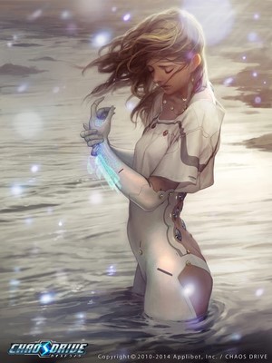 Science fiction woman in water with glowing arm