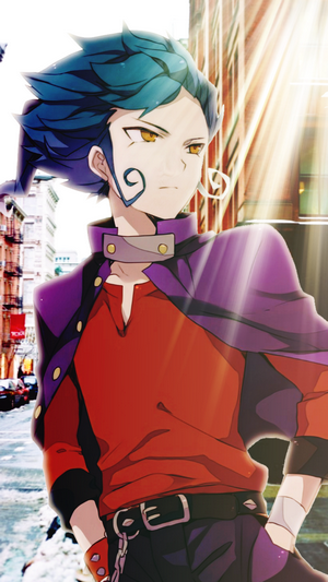 Anime boy with blue hair and yellow eyes in a city