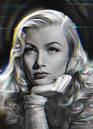 Glitch art portrait of a woman with blonde hair