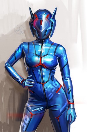 Woman in futuristic blue bodysuit