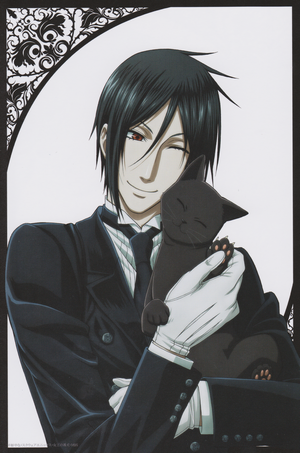Sebastian Michaelis from Black Butler holding a black cat