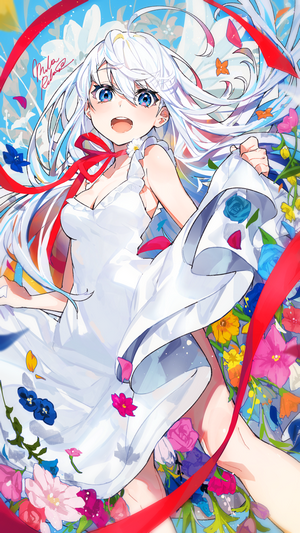 Anime girl with white hair and blue eyes in a white dress surrounded by flowers