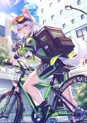 Anime Girl with Silver Hair and Uber Eats Bike