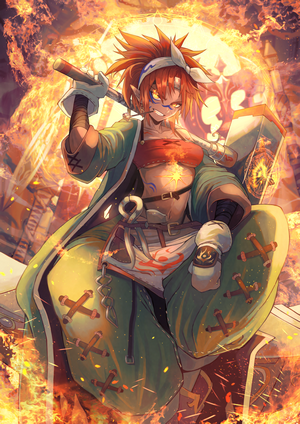 Anime girl with red hair and pointy ears holding a sword