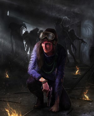 Survivor with gun and zombies in dark corridor