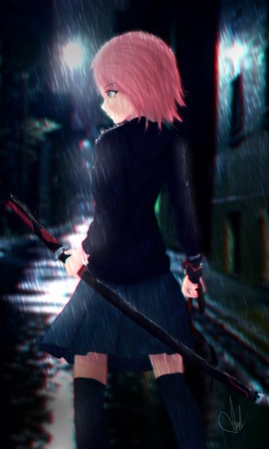 Anime girl with pink hair holding a staff in the rain