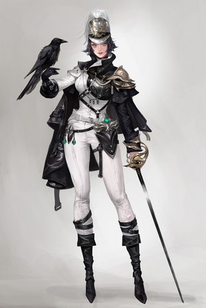 Woman in military uniform with a raven and sword