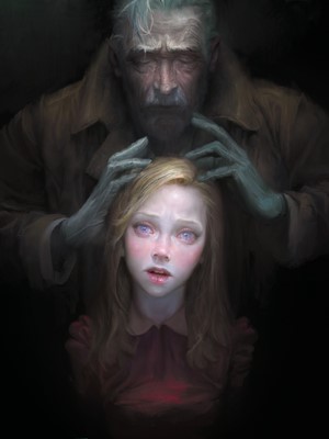 Artwork of an old man touching a young girl's head