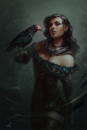 Yennefer of Vengerberg with a crow from The Witcher 3