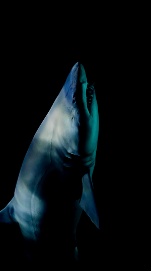 Shark with open mouth against black background