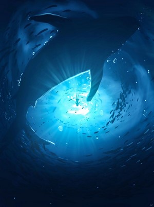 Artwork of a person falling into a bright underwater vortex