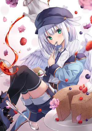 Anime girl with wings eating cake and drinking tea