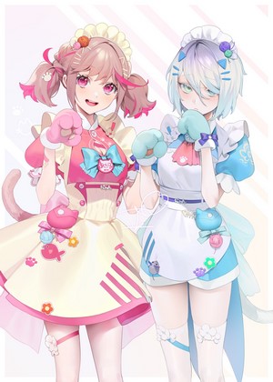 Two anime girls in maid outfits with cat ears