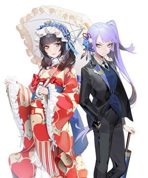 Anime girls in kimono and suit with umbrellas