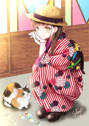 Anime girl in kimono with a cat and marbles