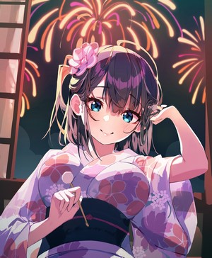 Anime girl in yukata with fireworks