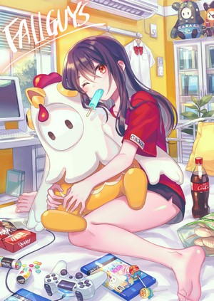 Anime girl with Fall Guys plushie playing video games
