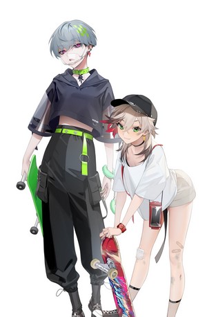 Two anime characters with skateboards