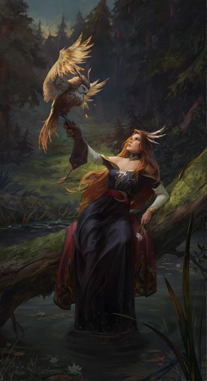Fantasy art of a woman with an owl in a forest