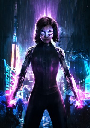 Alita from Alita: Battle Angel in a Cyberpunk City