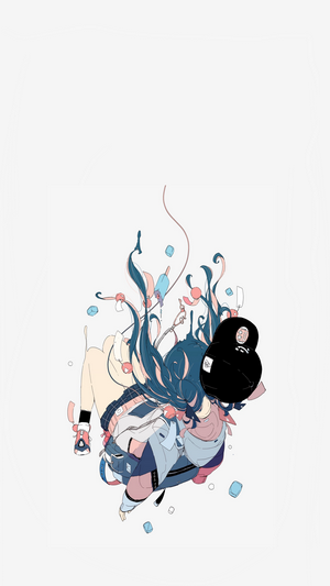 Anime girl with blue hair and black hat falling
