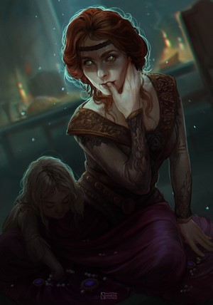 Fan art of a redhead woman and a child from The Witcher 3: Wild Hunt