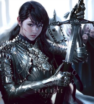 Fantasy girl in armor holding a sword with a horse