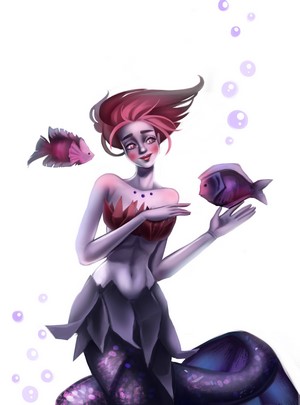 Mermaid with pink hair and two fish