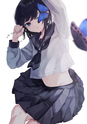 Anime girl with dark hair and blue butterfly in school uniform