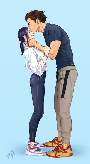 Couple kissing, anime style