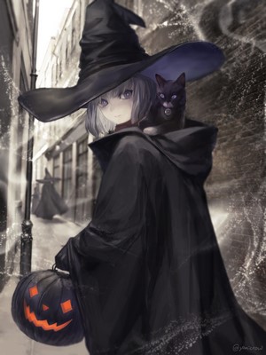 Anime witch with black cat and pumpkin lantern