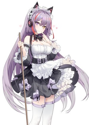 Anime girl with purple hair in maid outfit holding a mop