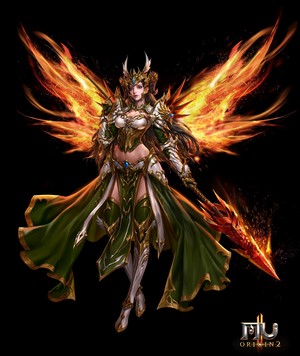 Fantasy Warrior Woman with Fiery Wings and Spear