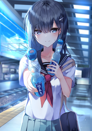 Anime girl in school uniform holding Ramune bottles at train station