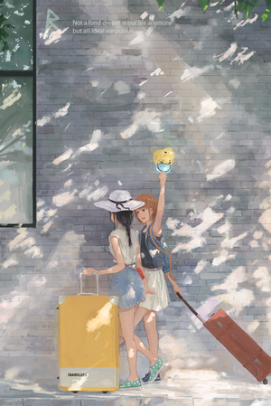 Two anime girls with suitcases