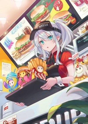Anime waitress from Fall Guys holding a tray