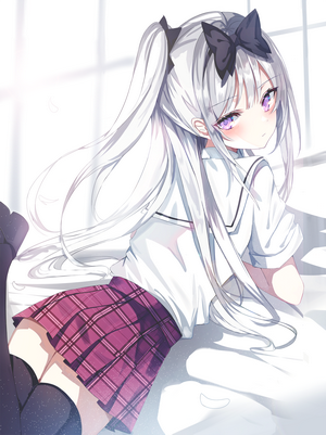 Anime girl with silver hair and purple eyes in school uniform