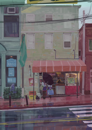 Anime girls with umbrellas in the rain outside a shop