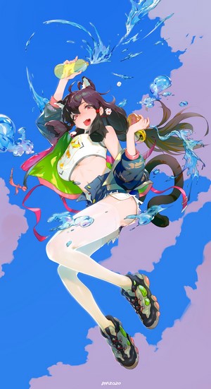 Anime cat girl with water guns in the sky