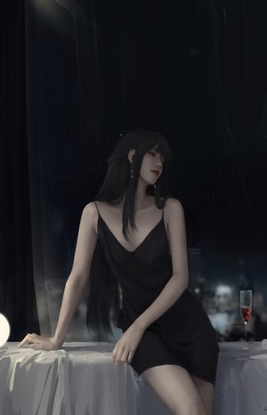 Woman in black dress indoors at night