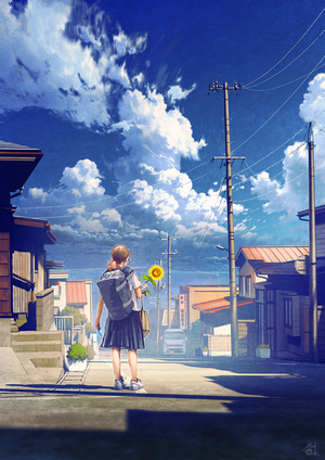 street, plants, outdoors, digital art, anime girls, sunflowers ...