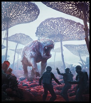 Alien creature attacking astronauts on alien planet