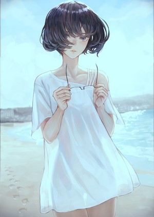 Anime girl with short dark hair holding glasses on a beach