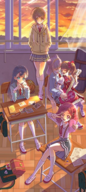 HUGtto! Precure characters in a classroom at sunset