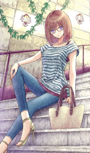 Anime girl with glasses sitting on stairs