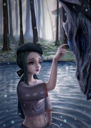 Girl reaching out to a dragon in a forest pond